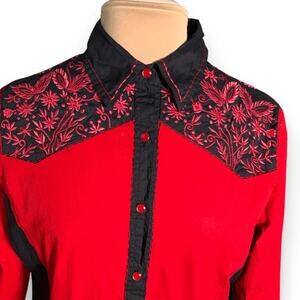 Vintage Collection Red Black Embroidered Western Shirt Floral Snap Button Large